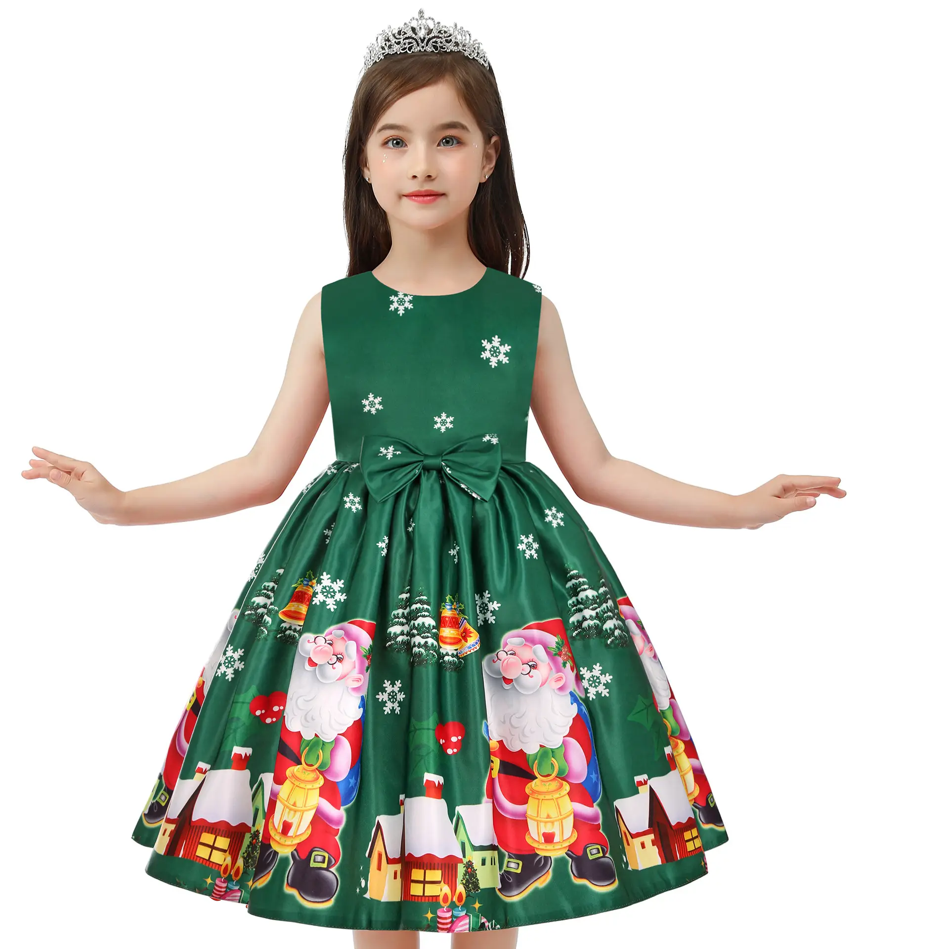 New Kids Christmas Dress Green Print Bow Dress - Image 7