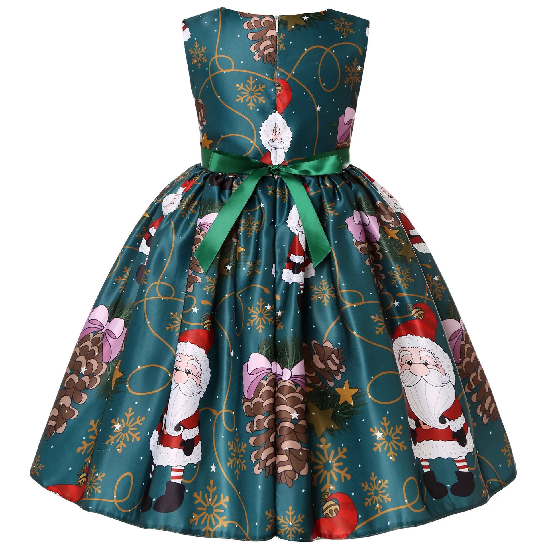 New Kids Christmas Dress Green Print Bow Dress - Image 8