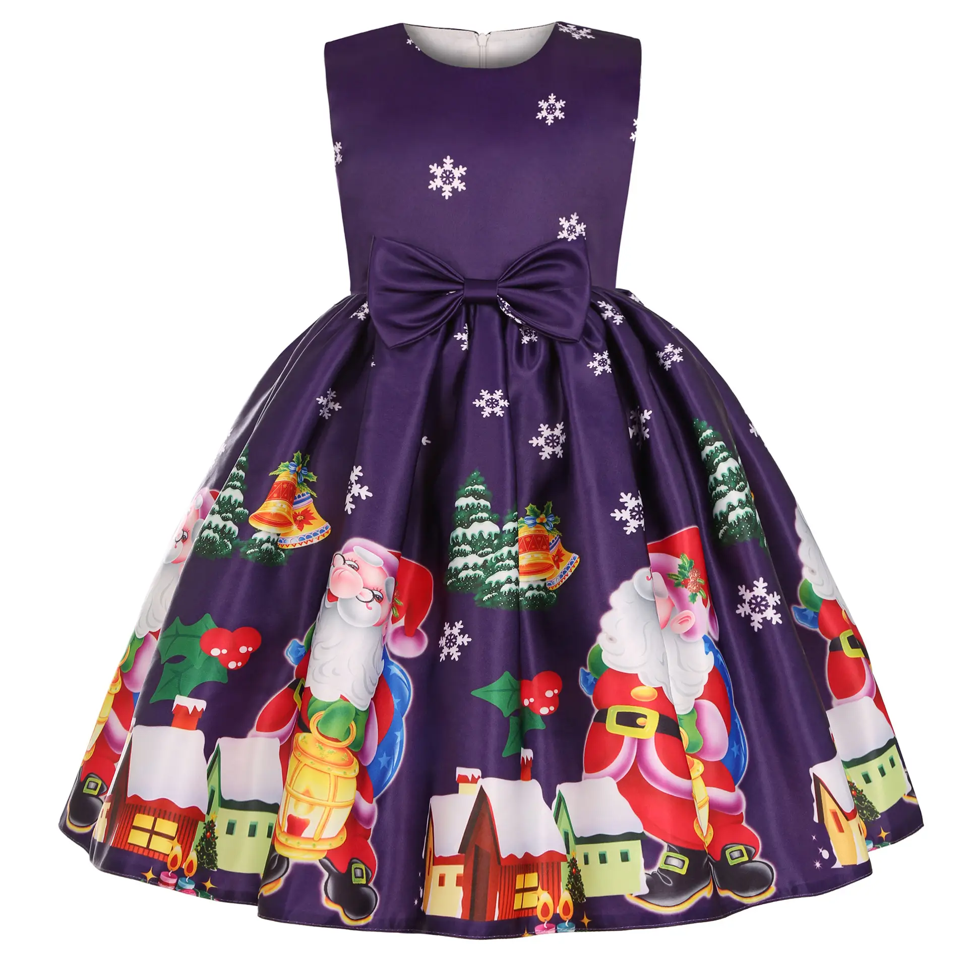 New Kids Christmas Dress Green Print Bow Dress - Image 2