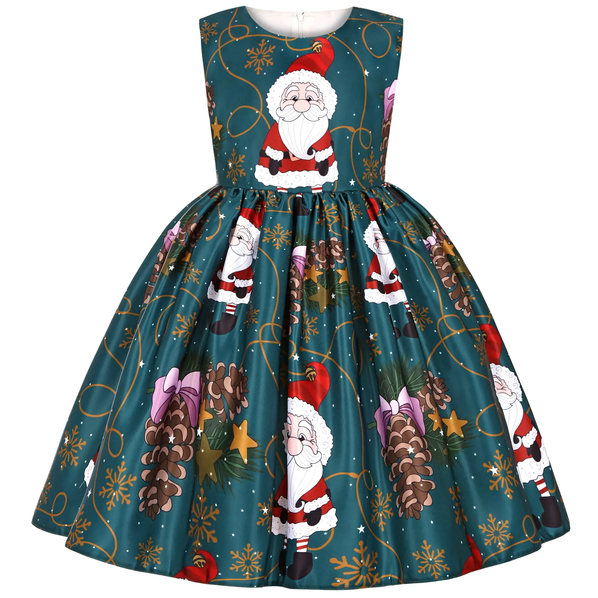 New Kids Christmas Dress Green Print Bow Dress - Image 3