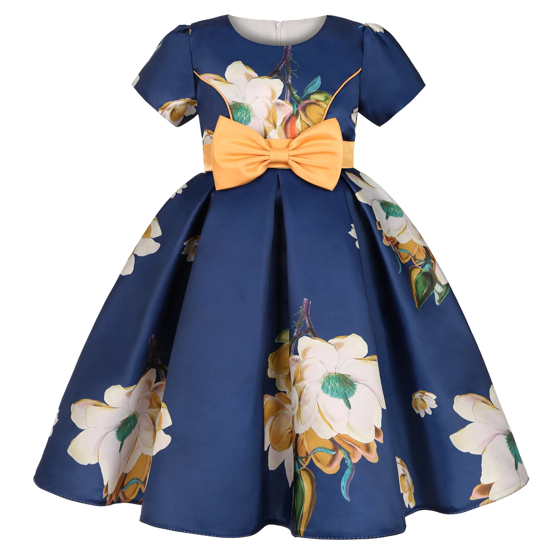 2025 Kids Bow Puffy Floral Dress White Blue - Image 2