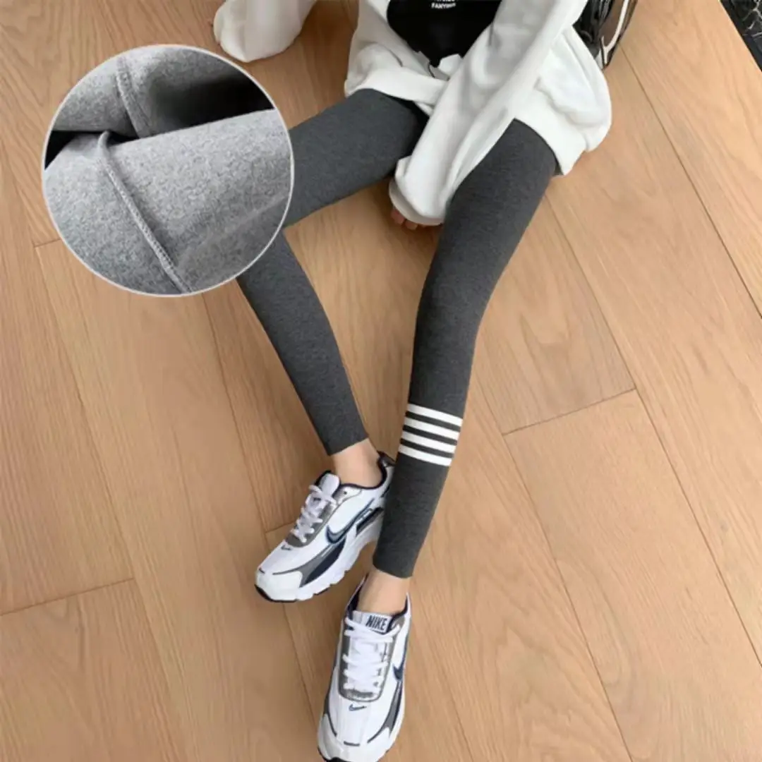 Women's Fleece-Lined Gray Leggings High Waist Winter Wear - Image 4