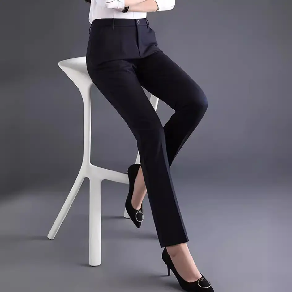 Women's Black Stretchy Formal Trousers High Waist Straight Leg - Image 12