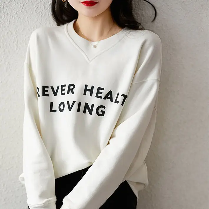 Women's White Printed Cotton Pullover Sweater