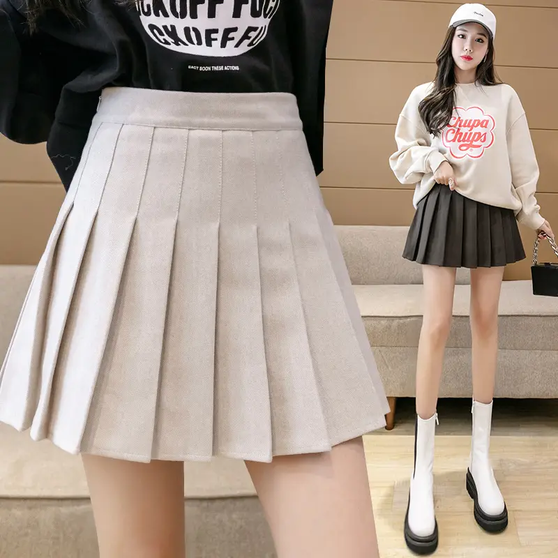 Women Pleated Skirt Winter Warm Plaid Woolen High Waist - Image 16