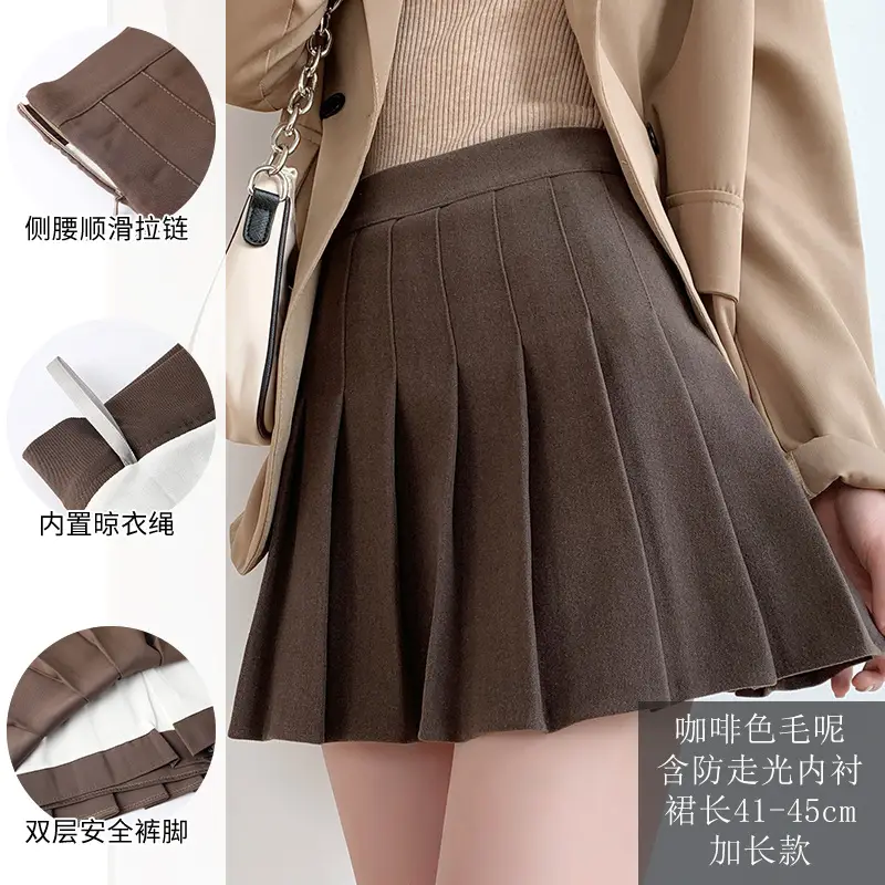 Women Pleated Skirt Winter Warm Plaid Woolen High Waist - Image 10