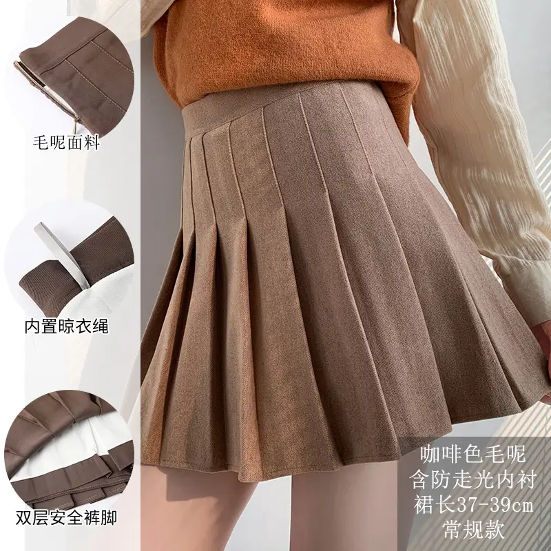 Women Pleated Skirt Winter Warm Plaid Woolen High Waist - Image 3