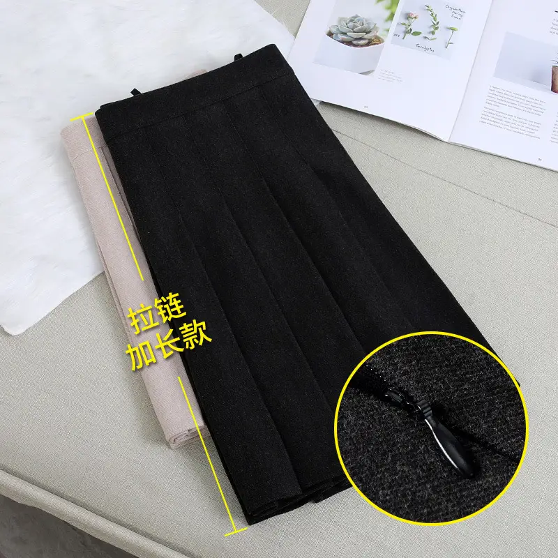 Women Pleated Skirt Winter Warm Plaid Woolen High Waist - Image 7