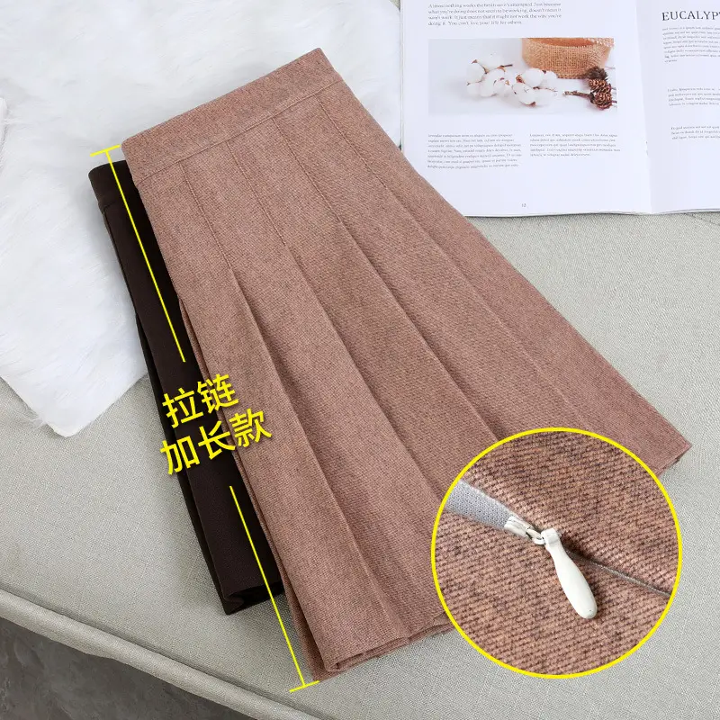 Women Pleated Skirt Winter Warm Plaid Woolen High Waist - Image 9