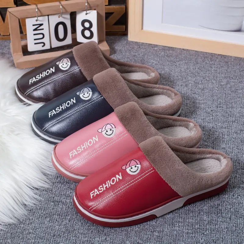 Live Hot Selling Fashion Leather Autumn and Winter Warm Cotton Slippers Home Couple Thickened Waterproof Non-Slip Plush Slippers