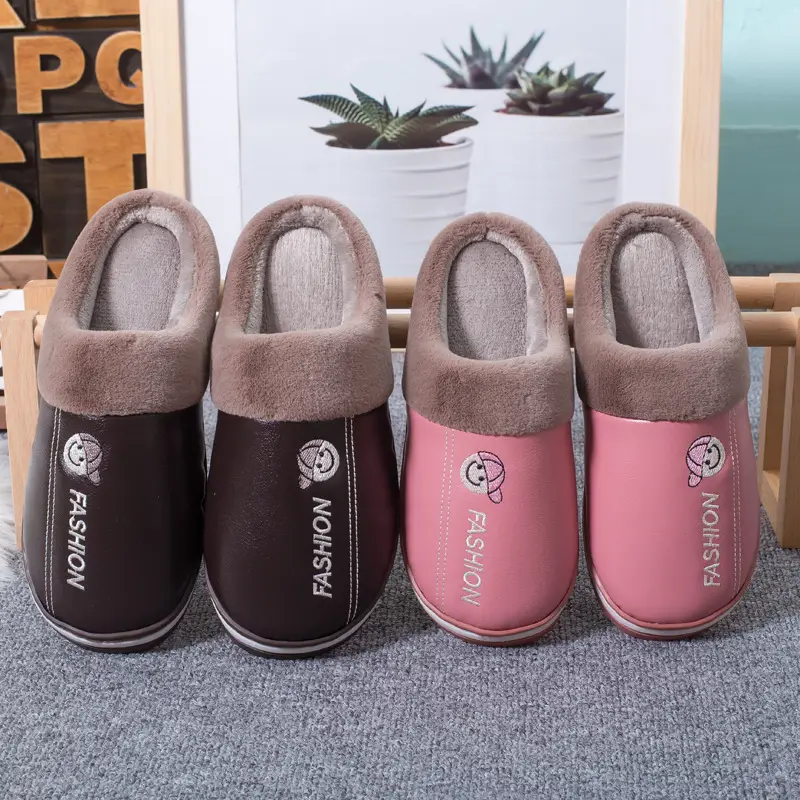 Live Hot Selling Fashion Leather Autumn and Winter Warm Cotton Slippers Home Couple Thickened Waterproof Non-Slip Plush Slippers