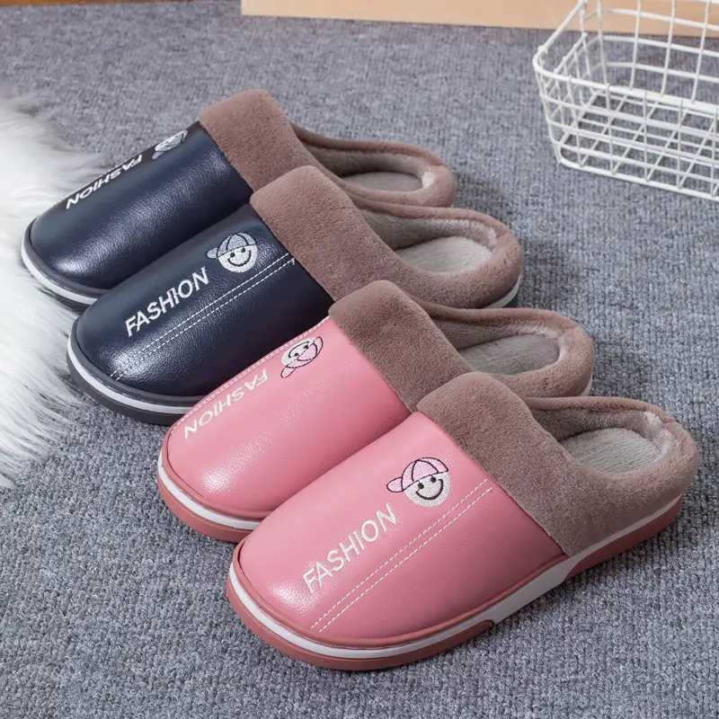 Live Hot Selling Fashion Leather Autumn and Winter Warm Cotton Slippers Home Couple Thickened Waterproof Non-Slip Plush Slippers