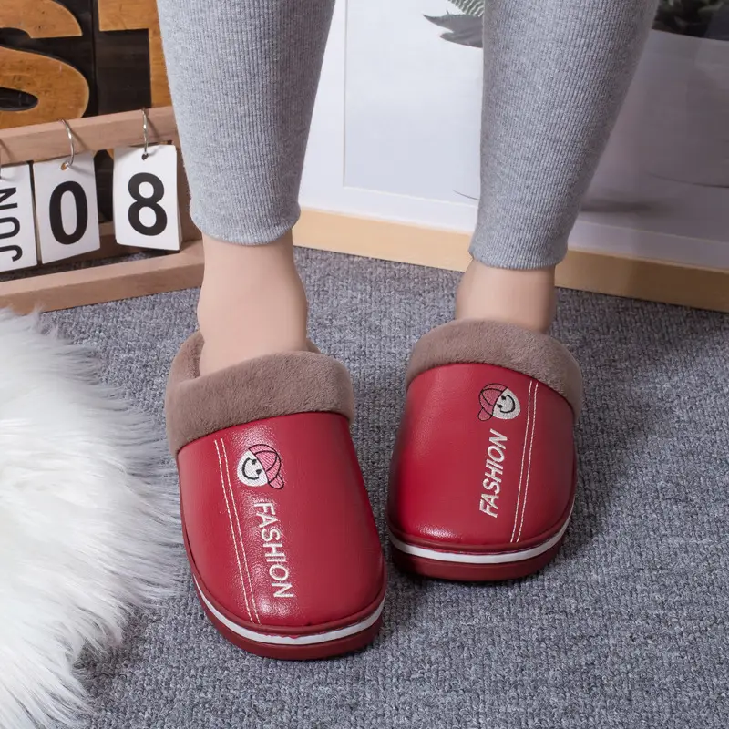 Live Hot Selling Fashion Leather Autumn and Winter Warm Cotton Slippers Home Couple Thickened Waterproof Non-Slip Plush Slippers