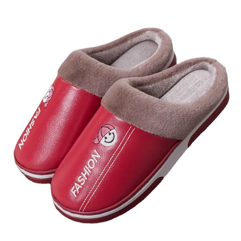 Live Hot Selling Fashion Leather Autumn and Winter Warm Cotton Slippers Home Couple Thickened Waterproof Non-Slip Plush Slippers