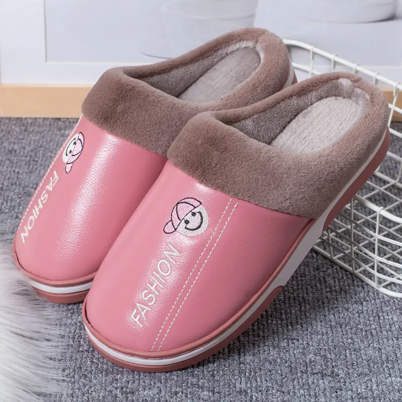 Live Hot Selling Fashion Leather Autumn and Winter Warm Cotton Slippers Home Couple Thickened Waterproof Non-Slip Plush Slippers