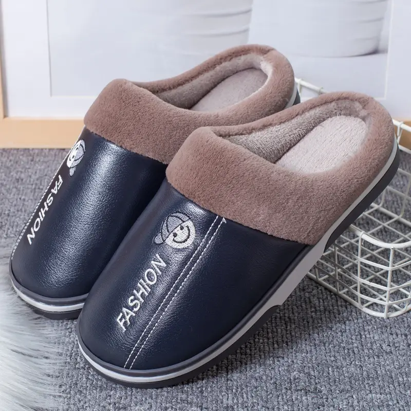 Live Hot Selling Fashion Leather Autumn and Winter Warm Cotton Slippers Home Couple Thickened Waterproof Non-Slip Plush Slippers