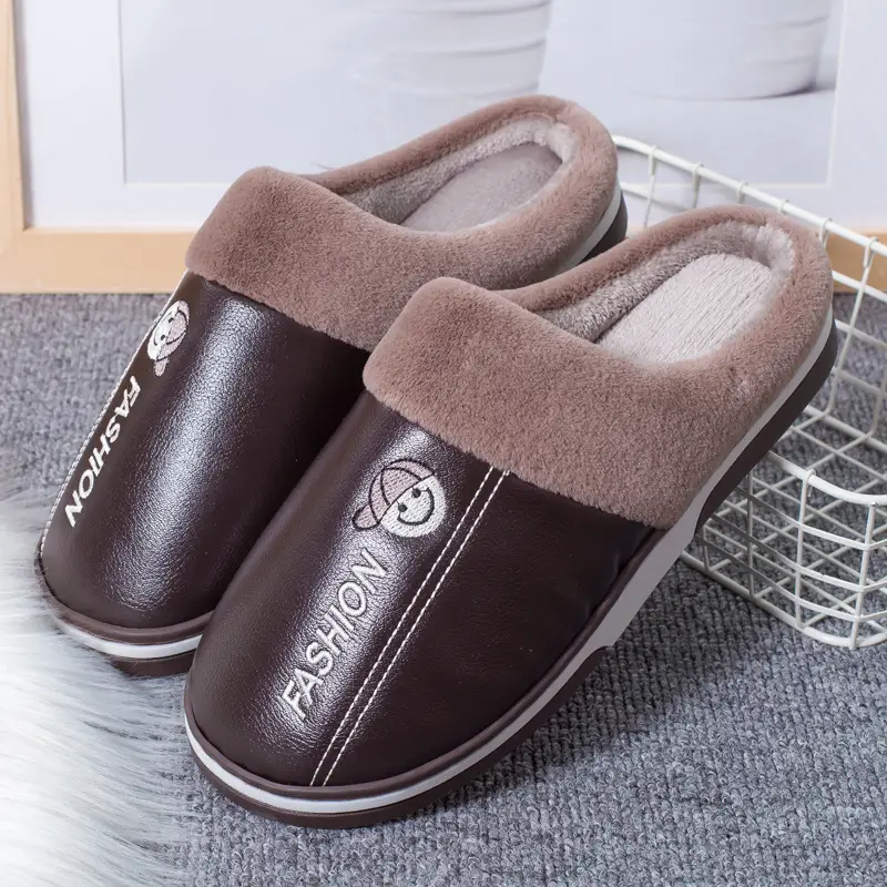 Live Hot Selling Fashion Leather Autumn and Winter Warm Cotton Slippers Home Couple Thickened Waterproof Non-Slip Plush Slippers