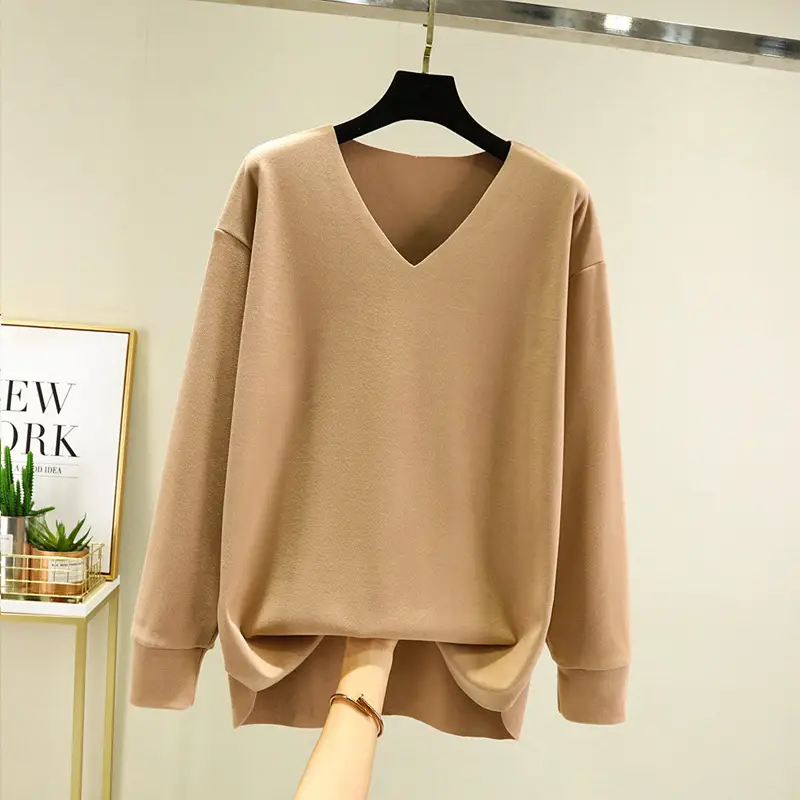 Women's V-Neck Long Sleeve T-Shirt Brown Velvet - Image 2