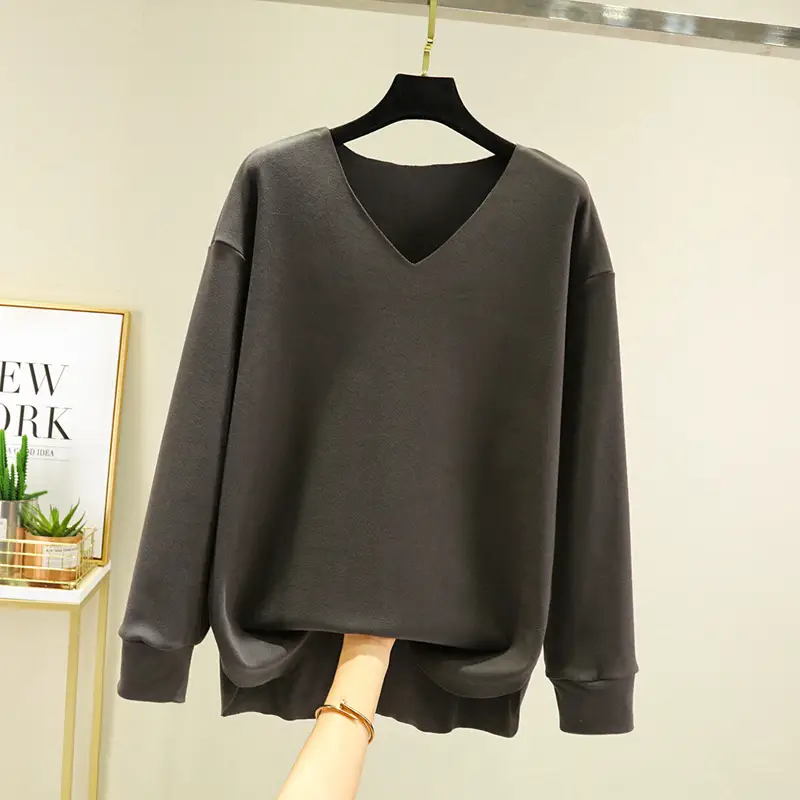 Women's V-Neck Long Sleeve T-Shirt Brown Velvet - Image 4