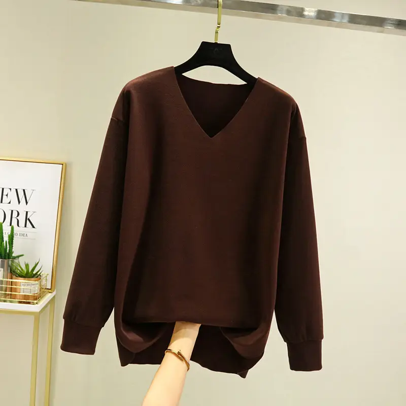 Women's V-Neck Long Sleeve T-Shirt Brown Velvet - Image 6
