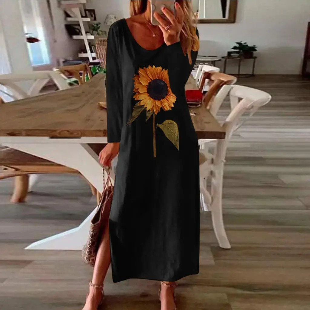 Women Sunflower Printed Long Sleeve Dress Multi Color - Image 9