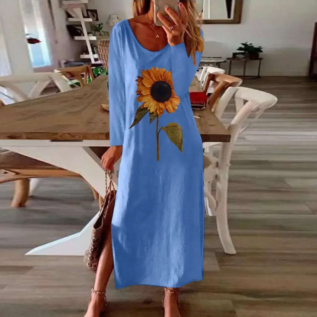 Women Sunflower Printed Long Sleeve Dress Multi Color - Image 10