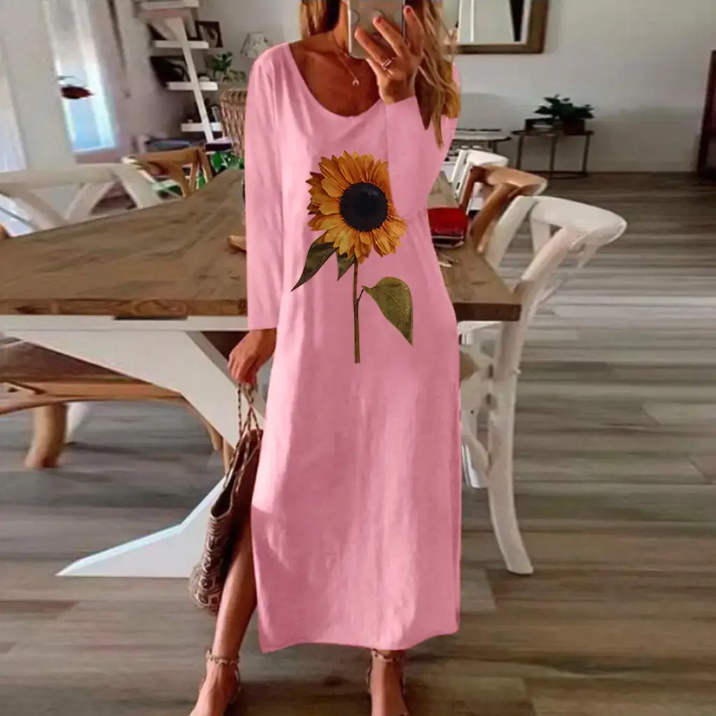 Women Sunflower Printed Long Sleeve Dress Multi Color - Image 7