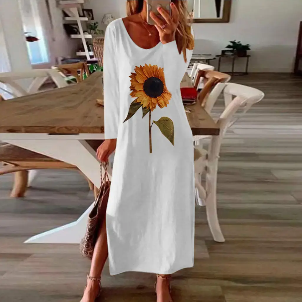 Women Sunflower Printed Long Sleeve Dress Multi Color - Image 6