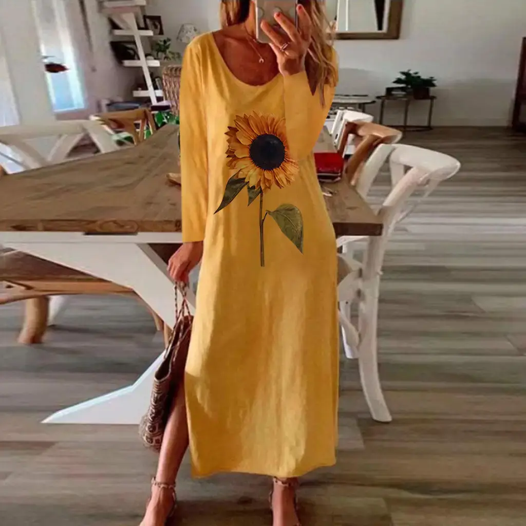 Women Sunflower Printed Long Sleeve Dress Multi Color - Image 8
