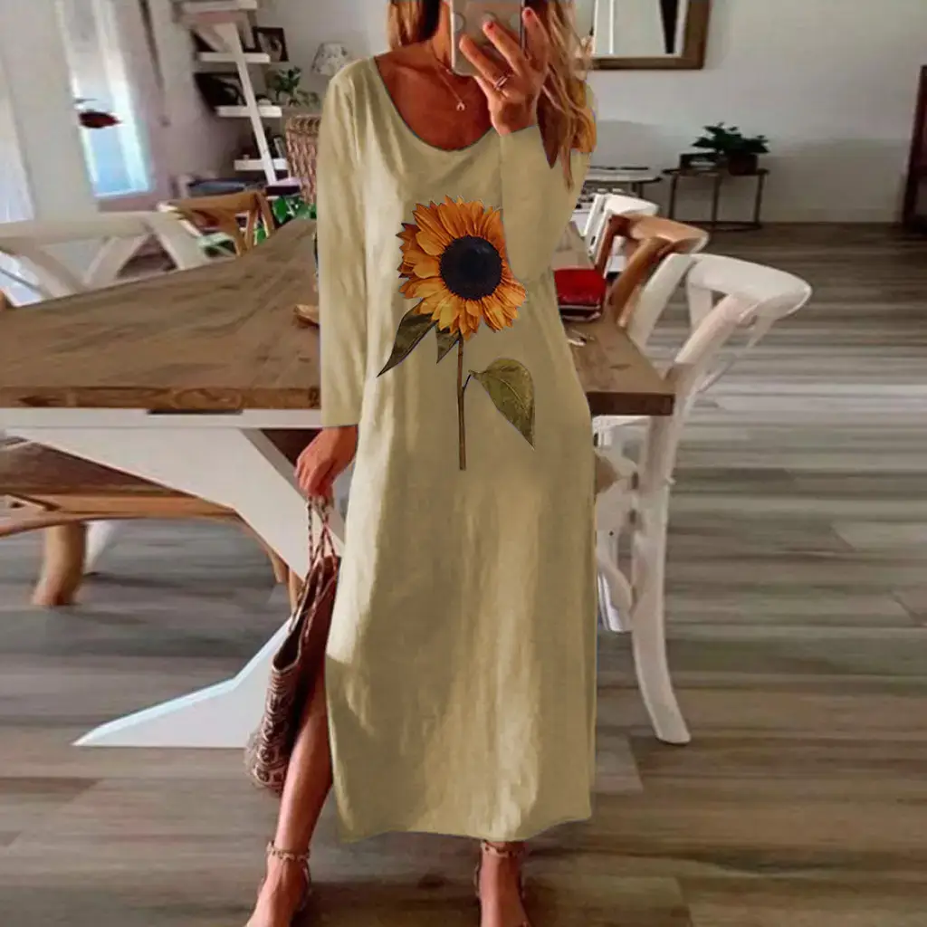 Women Sunflower Printed Long Sleeve Dress Multi Color - Image 11