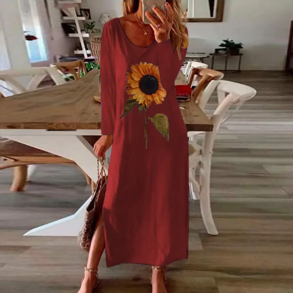 Women Sunflower Printed Long Sleeve Dress Multi Color - Image 12