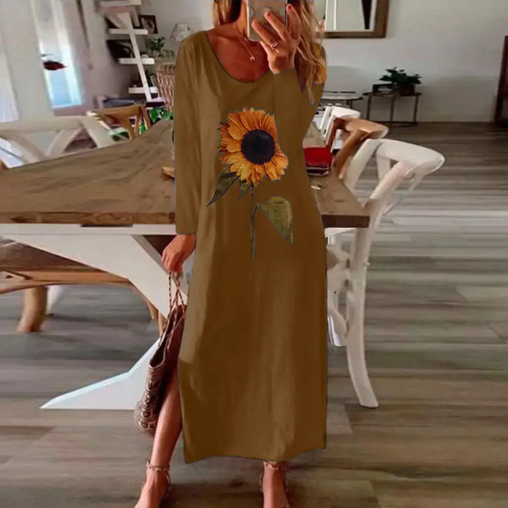 Women Sunflower Printed Long Sleeve Dress Multi Color - Image 13