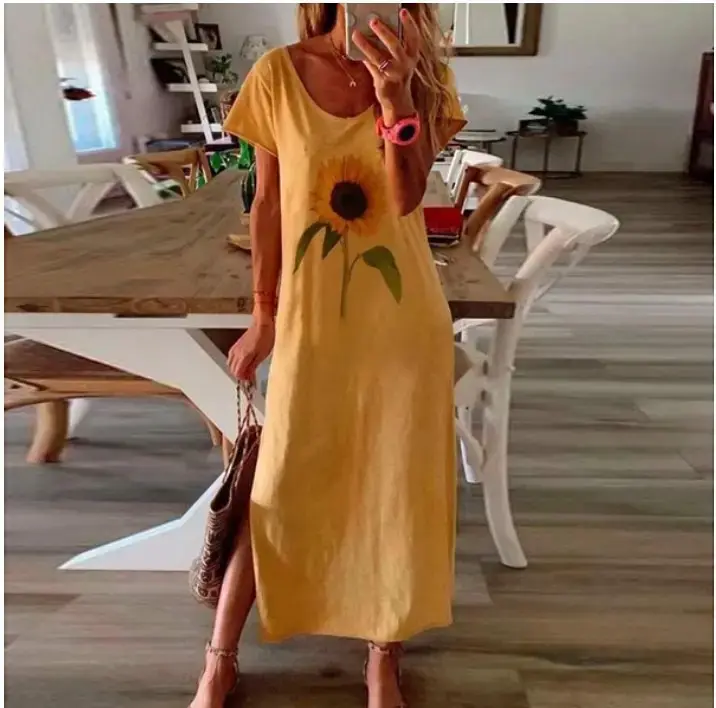 Women Sunflower Printed Long Sleeve Dress Multi Color - Image 3