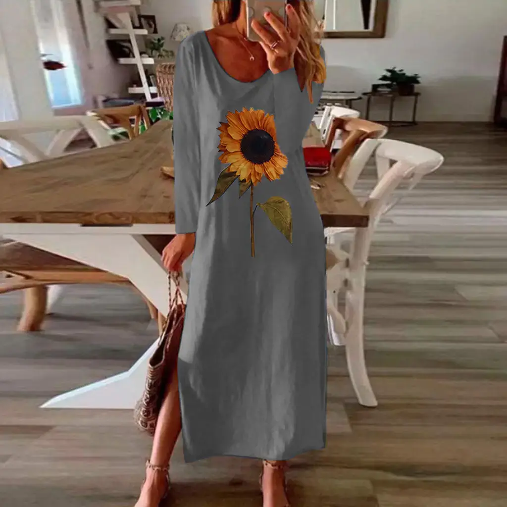 Women Sunflower Printed Long Sleeve Dress Multi Color - Image 14