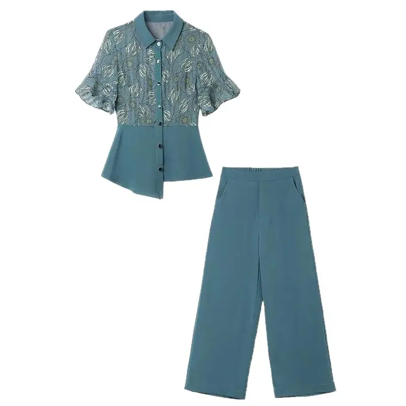 Women's 2-Piece Summer Suit Teal Wide Leg Pants - Image 8
