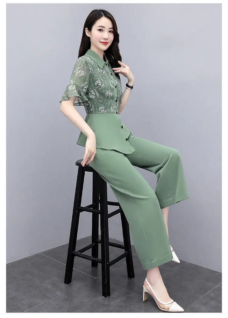 Women's 2-Piece Summer Suit Teal Wide Leg Pants — feature 13