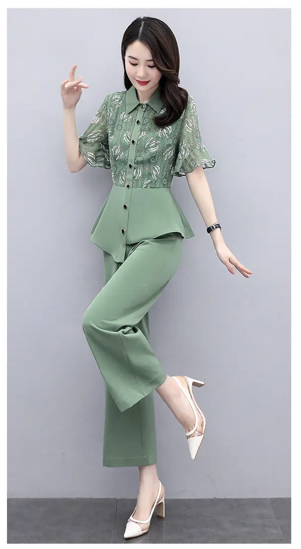 Women's 2-Piece Summer Suit Teal Wide Leg Pants — feature 15