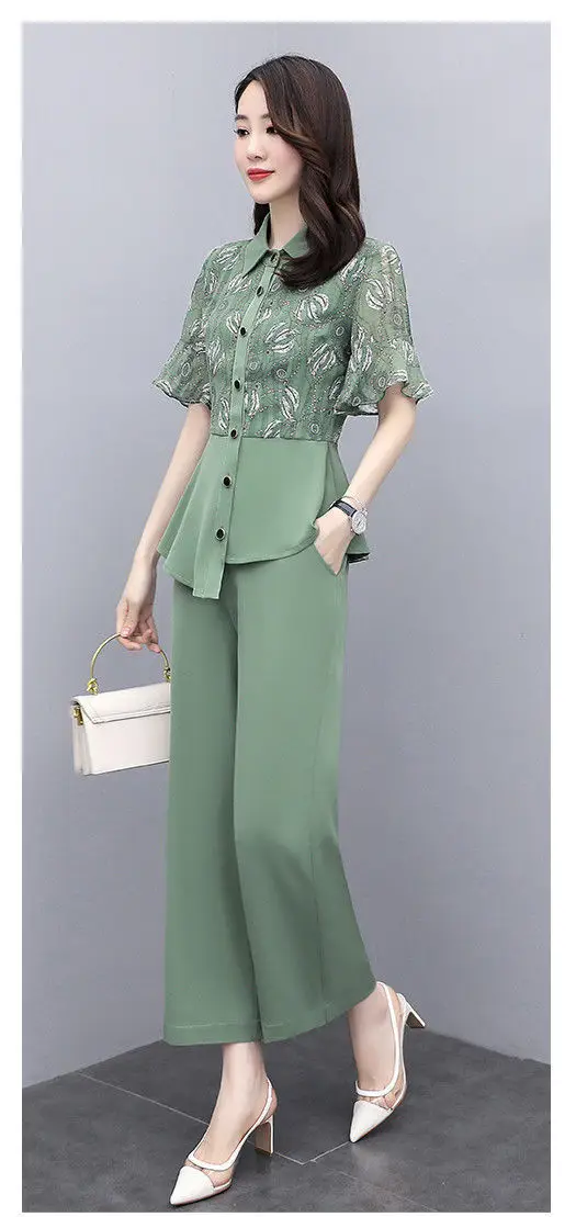 Women's 2-Piece Summer Suit Teal Wide Leg Pants — feature 16