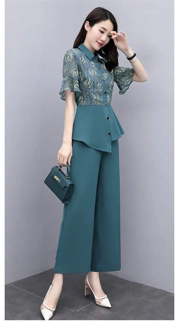 Women's 2-Piece Summer Suit Teal Wide Leg Pants — feature 17