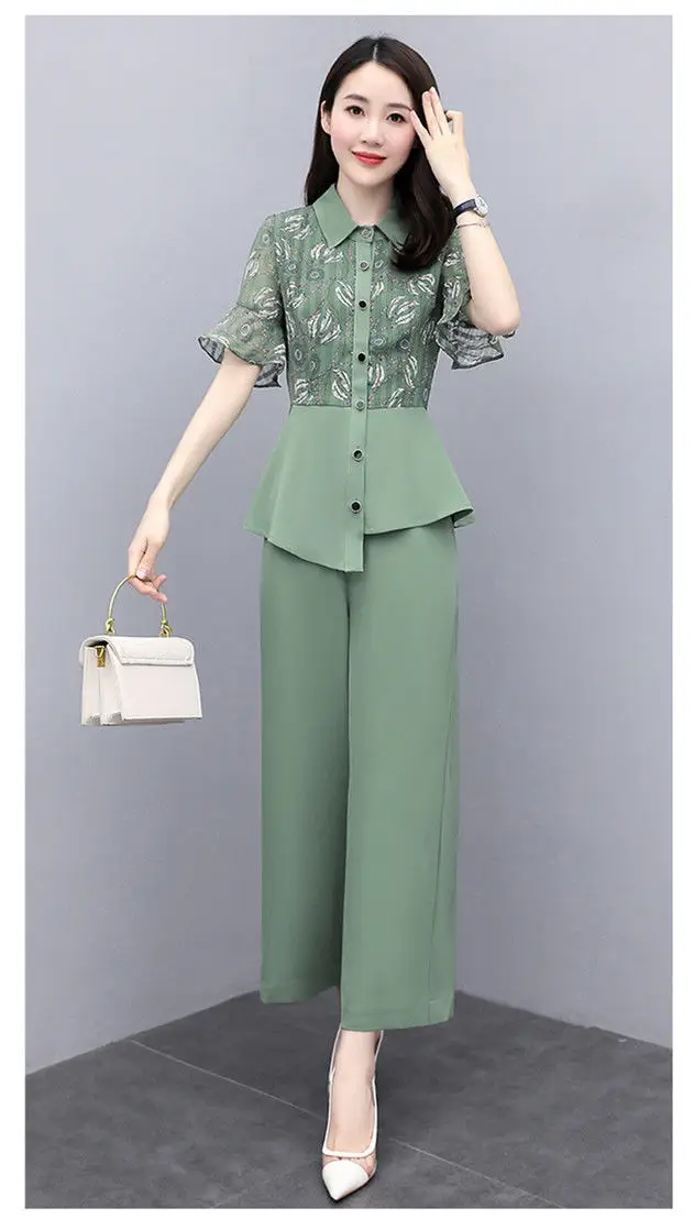 Women's 2-Piece Summer Suit Teal Wide Leg Pants — feature 18