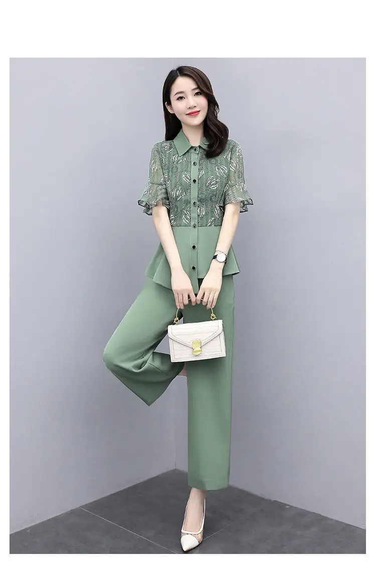 Women's 2-Piece Summer Suit Teal Wide Leg Pants — feature 20