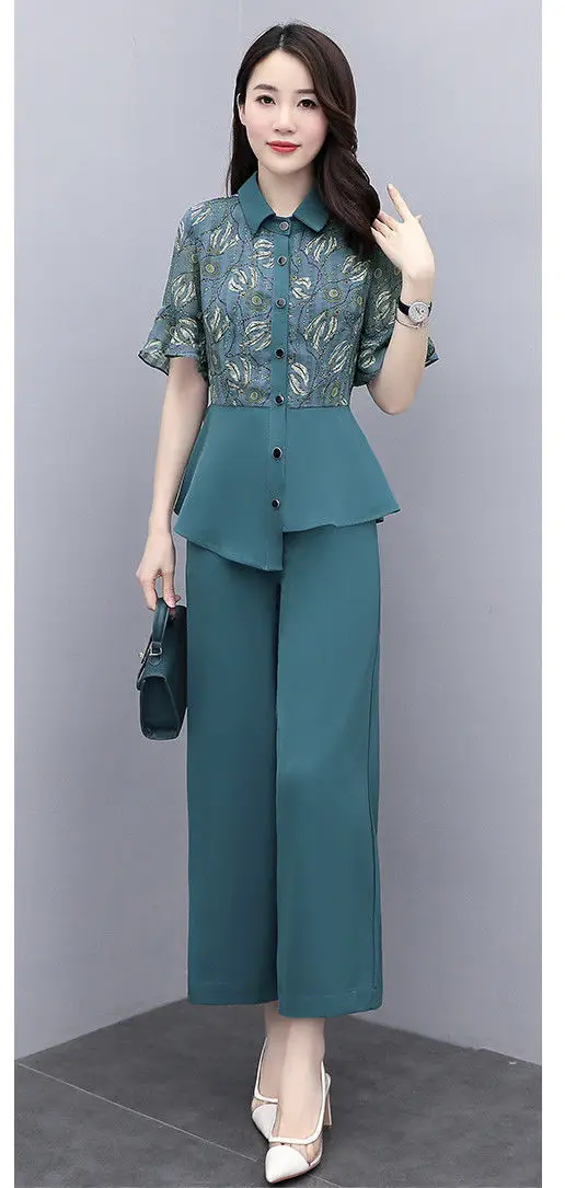 Women's 2-Piece Summer Suit Teal Wide Leg Pants — feature 21
