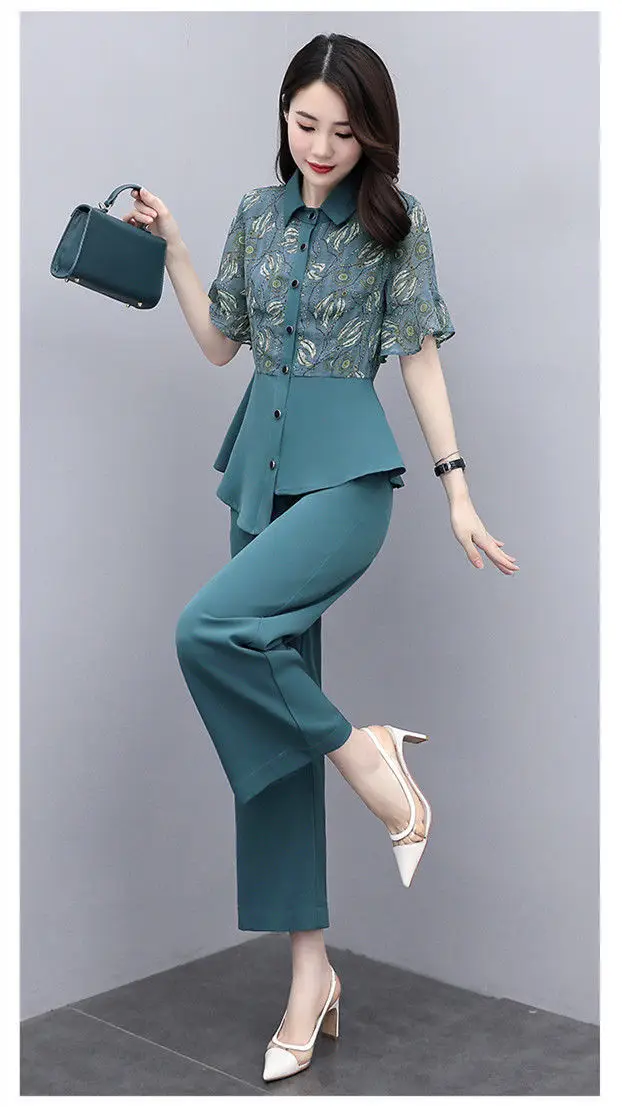 Women's 2-Piece Summer Suit Teal Wide Leg Pants — feature 22
