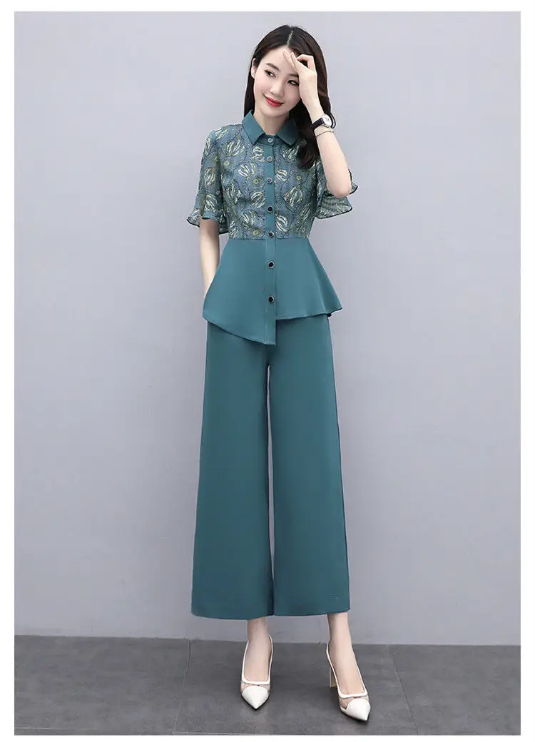Women's 2-Piece Summer Suit Teal Wide Leg Pants — feature 23