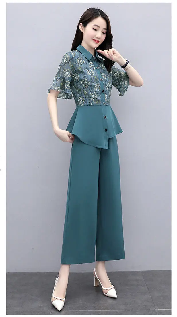 Women's 2-Piece Summer Suit Teal Wide Leg Pants — feature 25