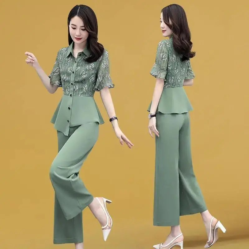 Women's 2-Piece Summer Suit Teal Wide Leg Pants — feature 30