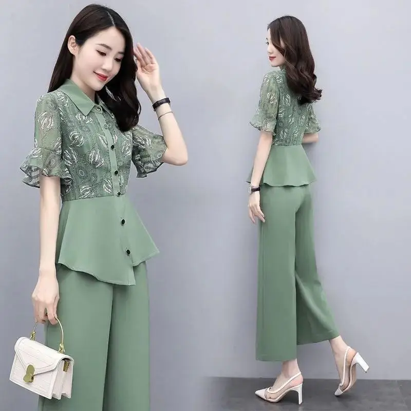 Women's 2-Piece Summer Suit Teal Wide Leg Pants — feature 31