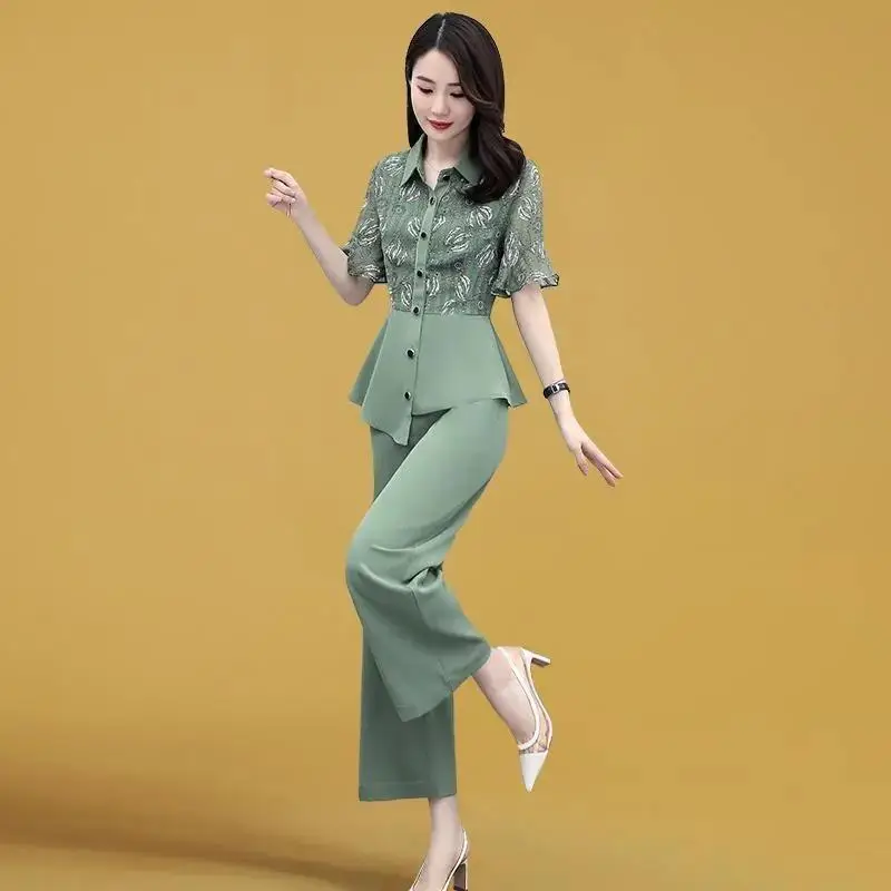 Women's 2-Piece Summer Suit Teal Wide Leg Pants — feature 4