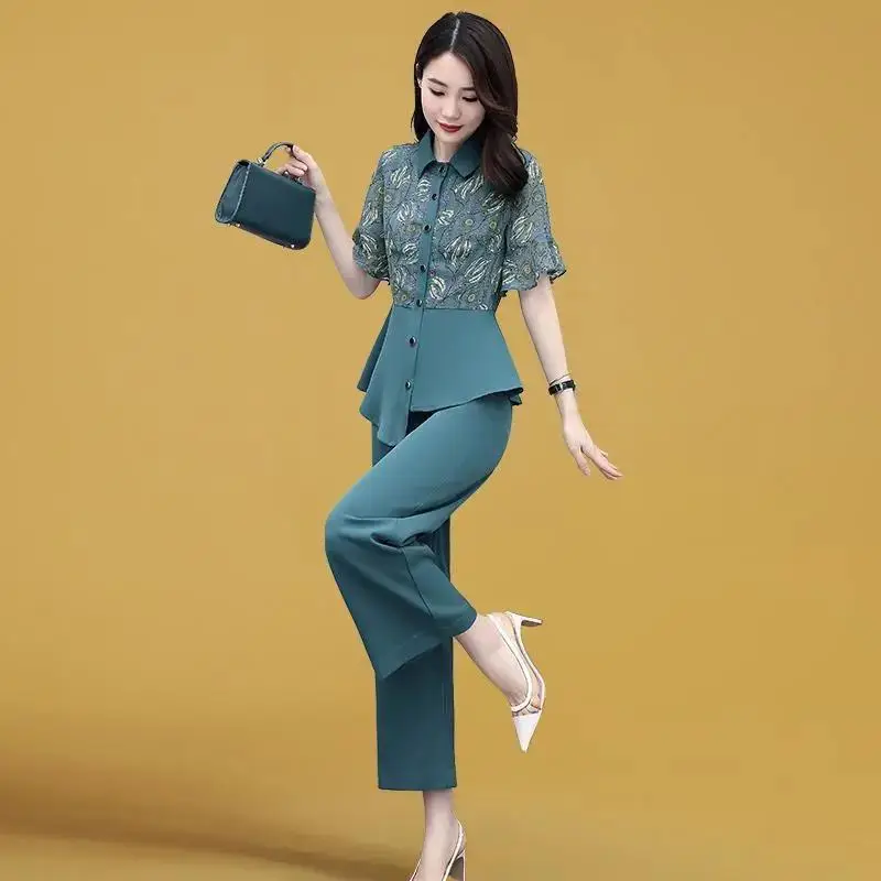 Women's 2-Piece Summer Suit Teal Wide Leg Pants — feature 5