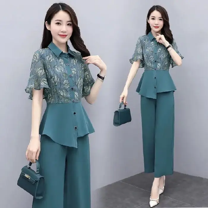 Women's 2-Piece Summer Suit Teal Wide Leg Pants - Image 2